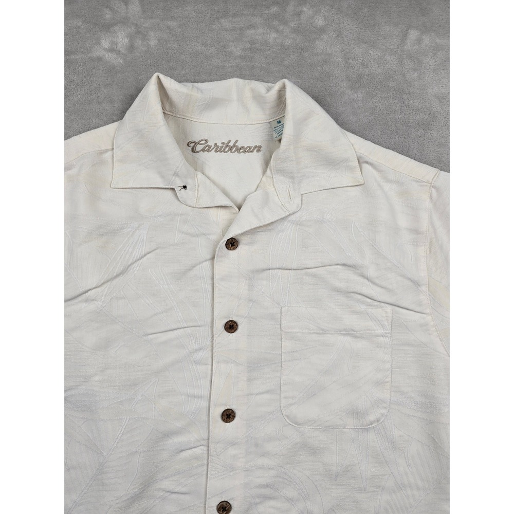 Caribbean Hawaiian Shirt Mens M Cream Tropical Leaf Short Sleeve Modal Blend